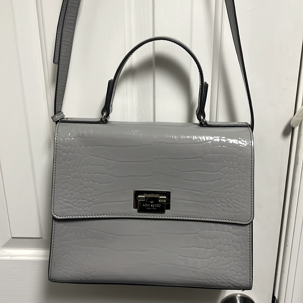 Kate Spade taupe shiny pleather crossbody/over the shoulder handbag